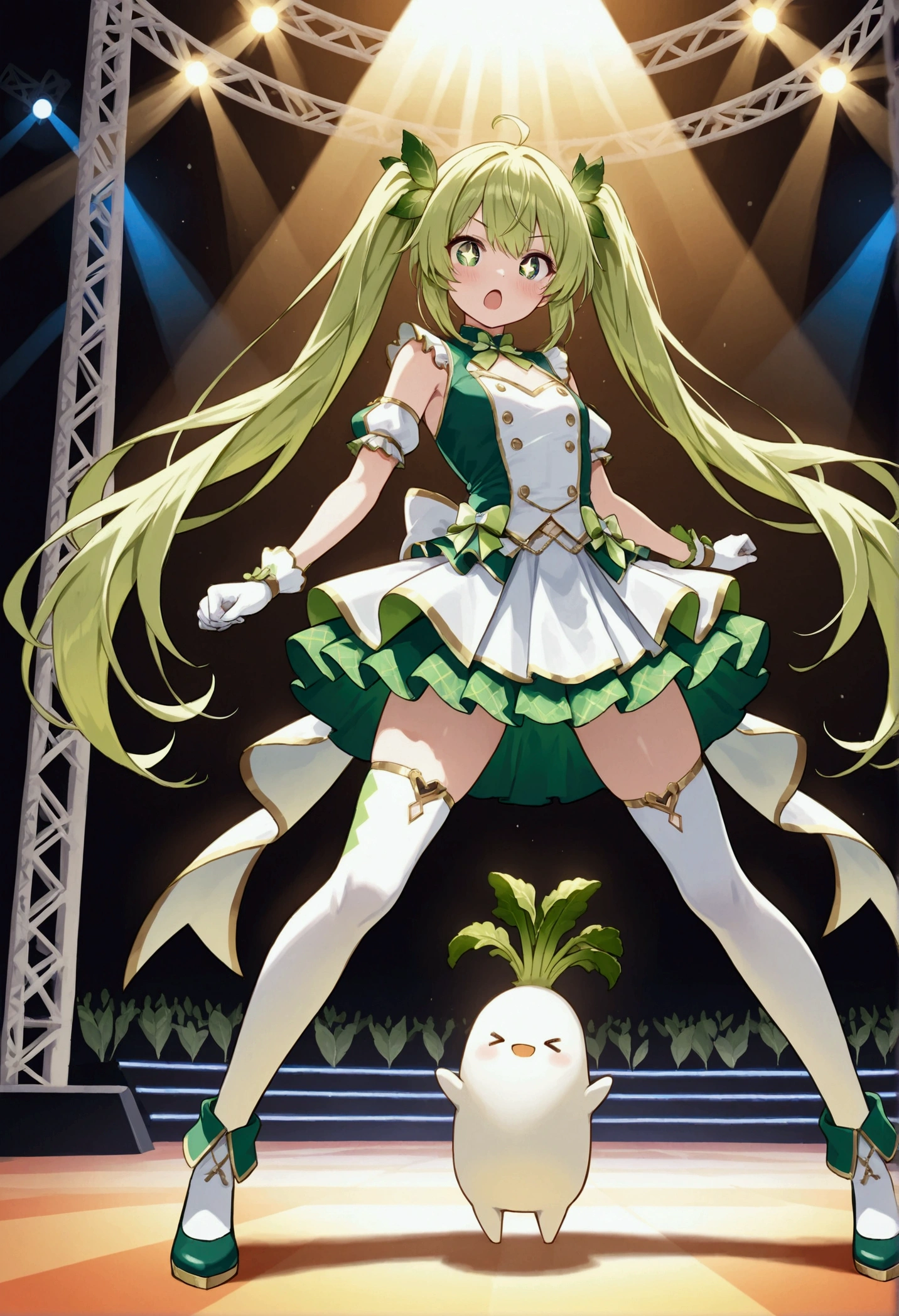 Scene of an enchanting warrior girl inspired by a daikon motif, standing heroically on a stage,BREAK,(Warrior girl, vibrant green hair resembling daikon leaves, wearing a dazzling white idol costume, confidently holding a Japanese white radish, sparkling eyes, petite yet strong figure, Japanese features),BREAK,Artistic idol stage background, illuminated by colorful stage lights, dynamic and energetic ambiance, intricate patterns and designs on the stage floor, evoking a sense of fantasy and excitement,BREAK,(masterpiece:1.3),(highest quality:1.3),(ultra detailed:1.3),High resolution, extremely detailed, fantasy-themed aesthetics, magical atmosphere, radiant lighting effects.