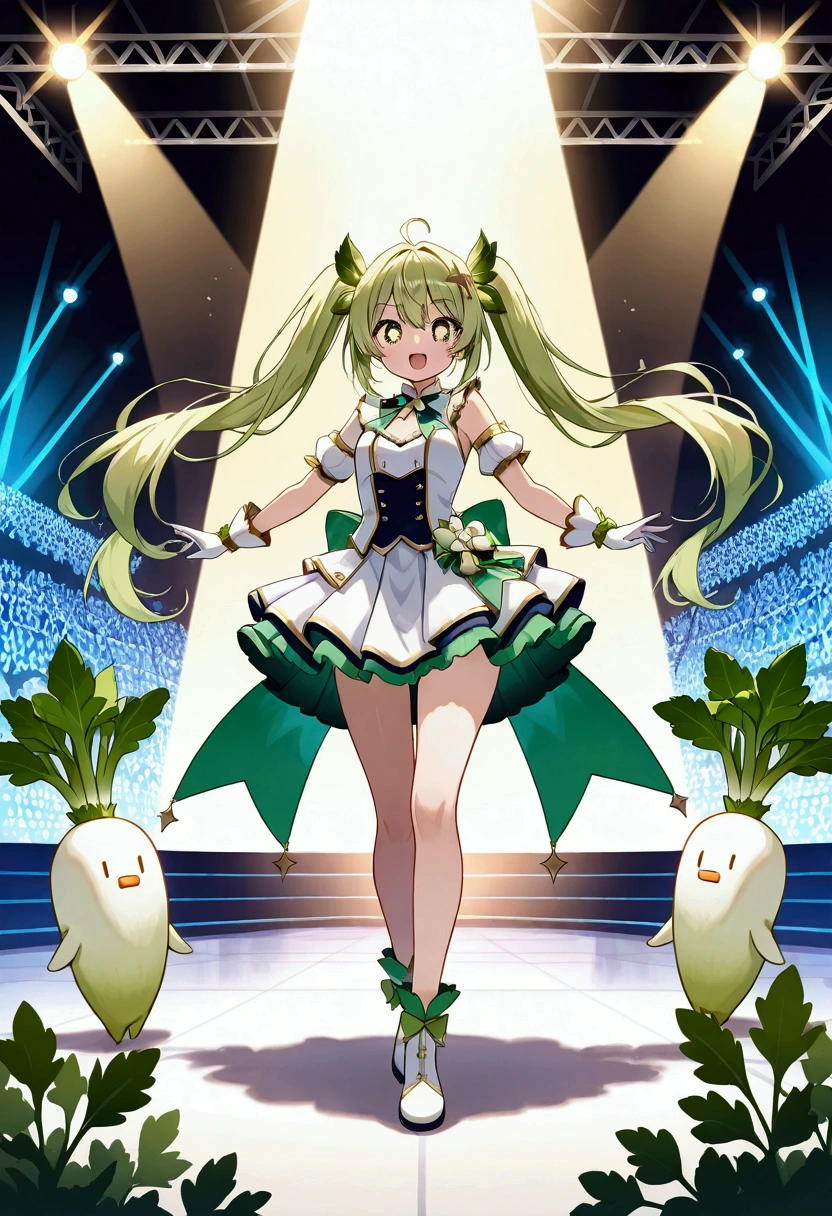 Scene of an enchanting warrior girl inspired by a daikon motif, standing heroically on a stage,BREAK,(Warrior girl, vibrant green hair resembling daikon leaves, wearing a dazzling white idol costume, confidently holding a Japanese white radish, sparkling eyes, petite yet strong figure, Japanese features),BREAK,Artistic idol stage background, illuminated by colorful stage lights, dynamic and energetic ambiance, intricate patterns and designs on the stage floor, evoking a sense of fantasy and excitement,BREAK,(masterpiece:1.3),(highest quality:1.3),(ultra detailed:1.3),High resolution, extremely detailed, fantasy-themed aesthetics, magical atmosphere, radiant lighting effects.