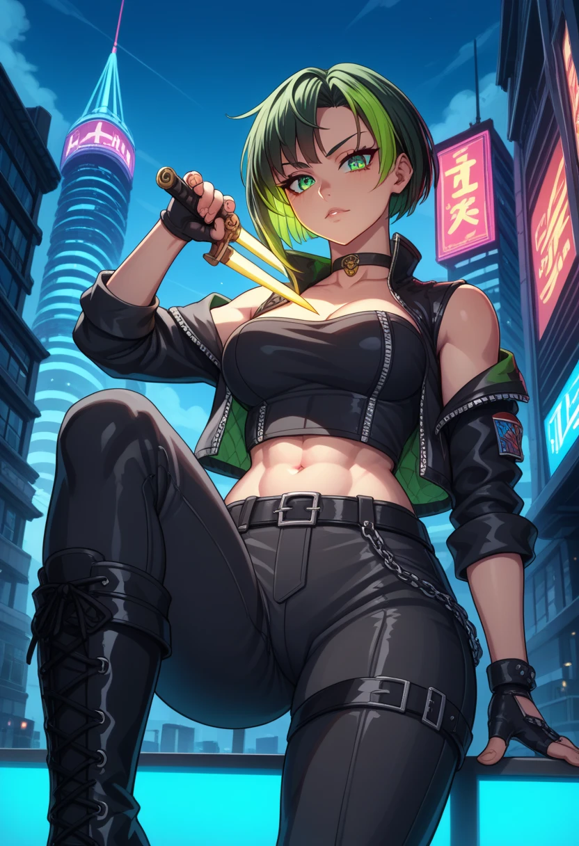 young ninja with a beard and also handsome with urban rapper clothing style, In front of a city is a beautiful teenage girl with hair in green colors, sensual futuristic clothing with a war weapon harp in manga and anime styles.