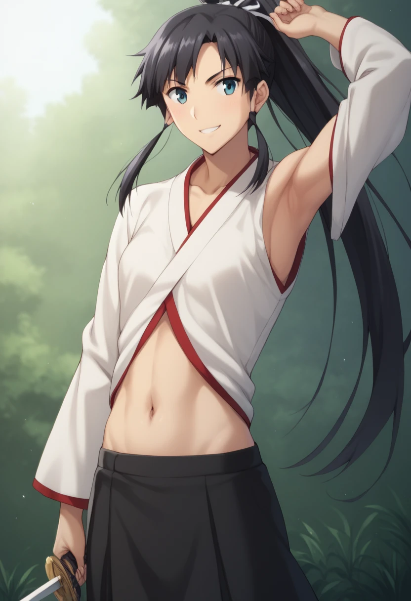   masterpieces during breakfast ,  top quality,  Takeuchi Takashi ,  girl, Long black hair, ponytail,Character portrait,whole body, smiling gently ,Armpits exposed,Navel exposed,grassland,Sword in right hand, pulling out the sword, holding a sword ,刀のwhole body,Looking at the screen ,Height: 154cm,Momotaro, black skirt,Long sleeves,Japanese clothing, lots of exposure