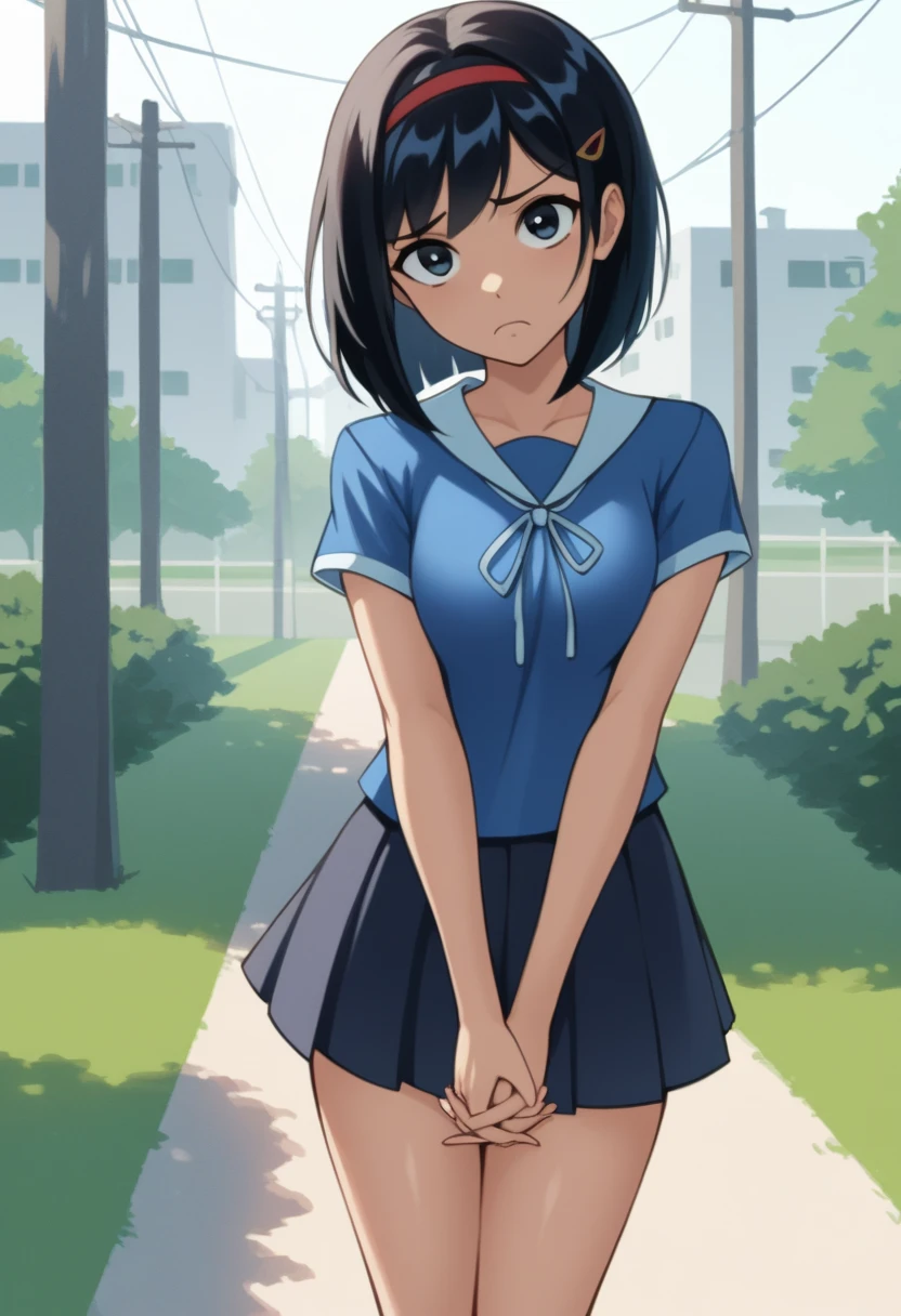 KPYoriGirl, score_9, 1girl, solo, blue shirt, skirt, outdoors, in school, worried, holding hands together, frown, looking at viewer