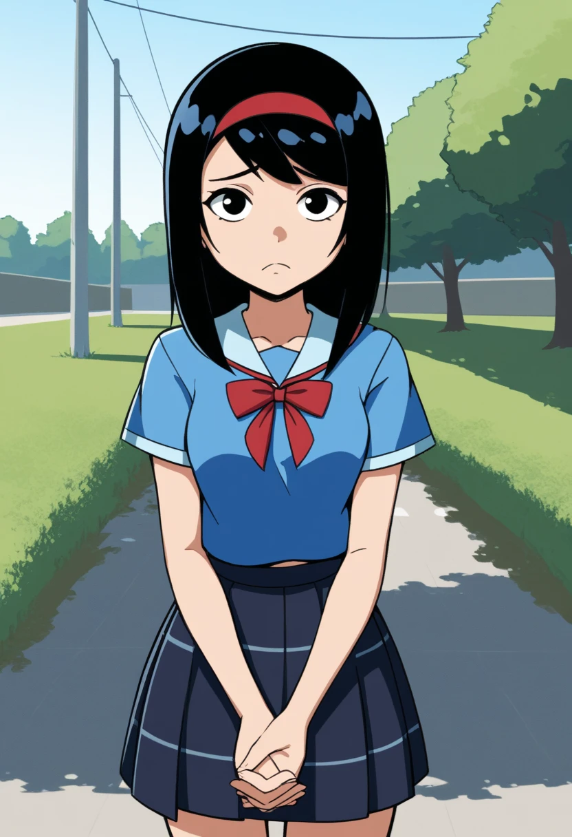 KPYoriGirl, score_9, 1girl, solo, blue shirt, skirt, outdoors, in school, worried, holding hands together, frown, looking at viewer