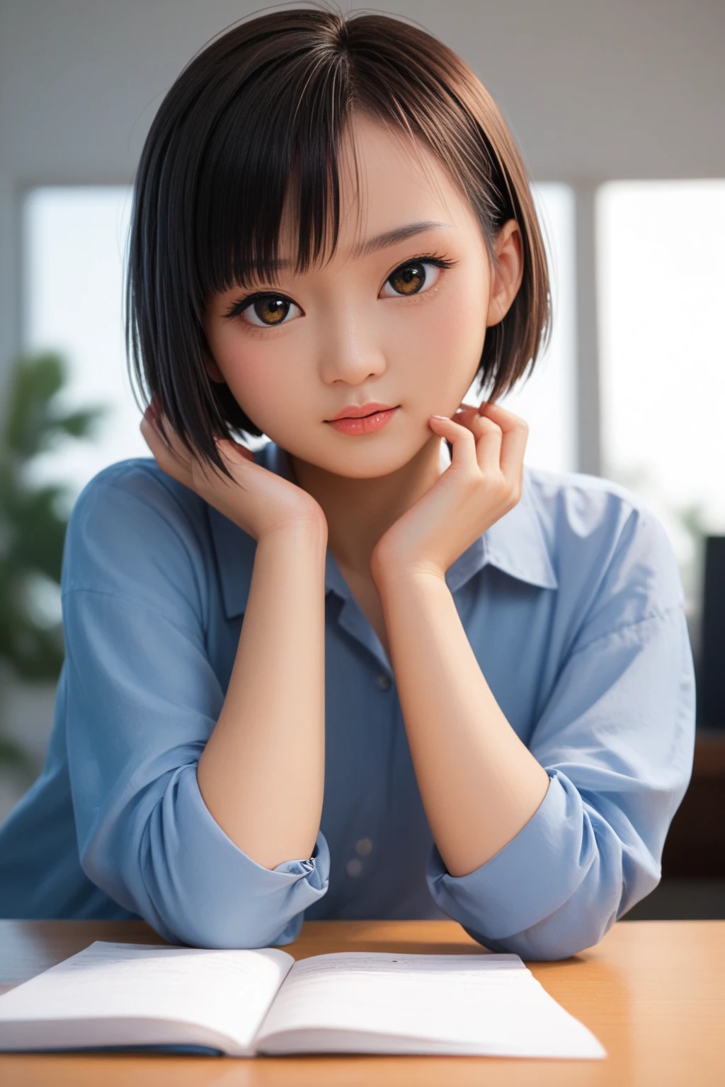 score_9, score_8_up, score_7_up, asian woman, cute_beautiful, small and petite, short hair, sitting over desk