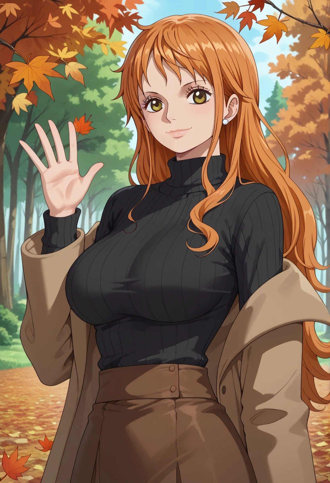 score_9, score_8_up, score_7_up,  1girl, autumn, autumn leaves, black sweater, bob cut, breasts, brown coat, brown skirt, closed mouth, coat, large breasts, leaf, leaf background, long sleeves, looking at viewer, long hair, off shoulder, forest background, brown eyes, orange hair, ribbed sweater, skirt, smile, solo, sweater, swept bangs, turtleneck, turtleneck sweater, upper body, waving, Nami, one piece