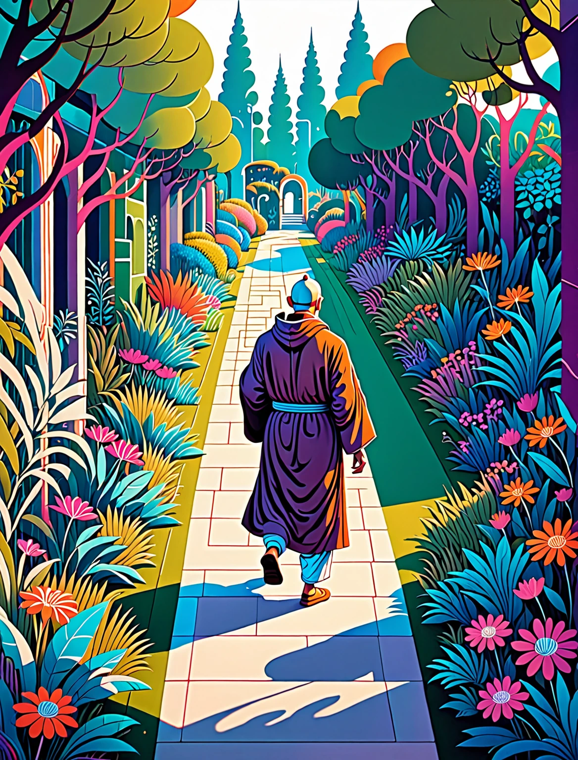 /imagine prompt:  Thick line style illustration of a monk walking through a garden maze ,  while reading a big book .  The monk is dressed in traditional tunics , HIS HEAD IS COVERED BY THE HOOD OF HIS TUNIC.  Vibrant background with a Labyrinth of well-trimmed plants and colorful flowers that contrast with each other,  influenced by graffiti art in texture and colors .  The scene is illuminated with a soft light that highlights the colors details and design details ,  evoking the work of the illustrator David Baldeon .  art style :  contemporary illustration , thick and dynamic line ,  striking visual quality ,  detailed use of shadows and lights --ar 16 :9 --in 6.0