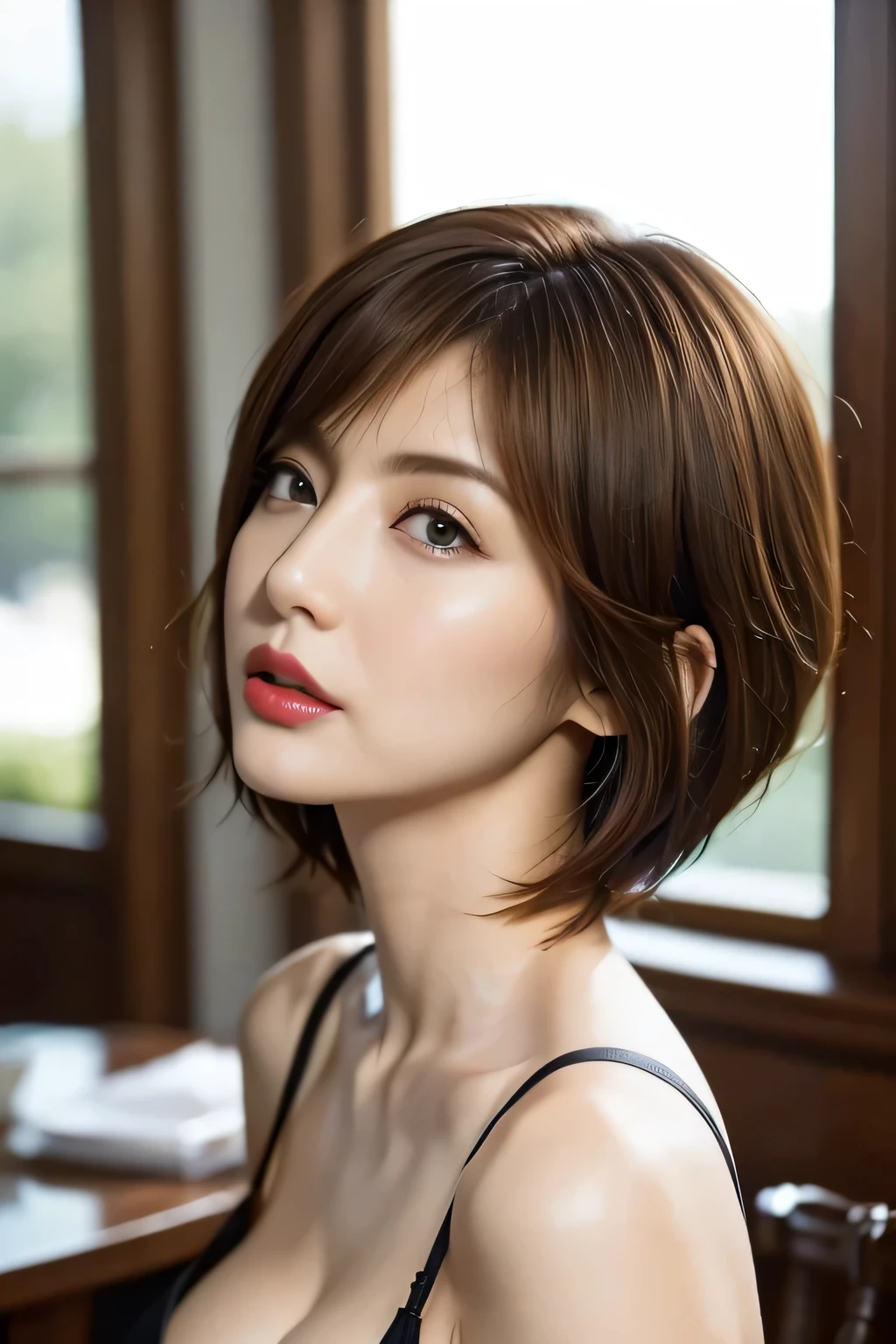 very detailed, masterpieces during breakfast , top quality, Photorealistic, tall and thin, detailed face , Beautiful Eyes ,Very sensual face, sensual red thick lips , ( facing forward), beautiful body, (( light brown hair 、 short hair、 pixie cut、Cecil Cut、 asymmetry、乱れた超 short hair、Volume Hair)) Emotionally Excited Conspicuous Nose ,Elegant and sophisticated、Bewitching Goddess、 from the side、Black Bra