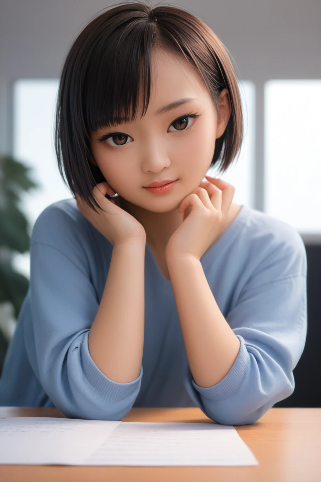 score_9, score_8_up, score_7_up, asian woman, cute_beautiful, small and petite, short hair, sitting over desk