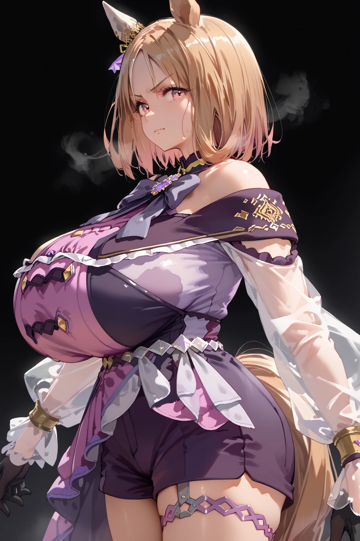  side view, looking at viewer, 1 person, black background, expressive, Expressive,  tall women,   I sweated,    I sweated, steamy, standing, 1girl, Narita, horse tail, short hair, animal ears, ear ornament, ear covers, single ear cover, expressionless face, angry,
purple dress, off-shoulder dress, purple bow, long sleeves, see-through sleeves, black gloves, purple shorts, thigh strap, Bare discussion
1 girl, Improve, 1 person,  gigantic breast, sagging breast,   huge breasts,  huge breasts,  pubic skin,  score_9_up,  score_8_up,  score_7_up, masterpiece,  are extremely beautiful,  excited, Vulgar,