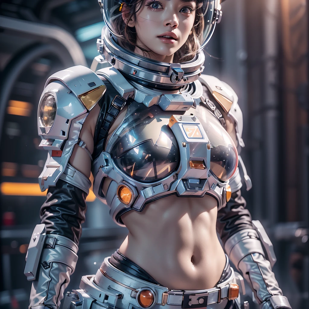 arafed woman wear spacesuit standing in front of space, The background is a desolate ice planet, ((Very detailed helmet)), outdoor, midriff spacesuit, Short crop top, ((bare belly)), belly open, stomach, beautiful girl, super high resolution (photorealistic: 1.4), cosmetics, sky stay, Super Detailed, Stunningly Beautiful, Dynamic Poses, Refined Faces, Vibrant Eyes, High Detailed Skin, Realistic Skin Details, Visible Pores, Sharp Focus, Volumetric Fog, 8k Ultra HD, DSLR, Real Skin, Photo Realism, Photography, space_helmet, firmament, realism, cinematic lighting, ray tracing, High Detail, anatomically correct, textured skin, Award Winning, Best Quality, 8K, High Quality