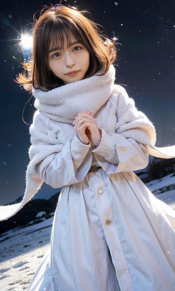 Japanese elementary school girl, off-shoulder, sweet expression, winter, Kluane National Park, Canada, snowy field
