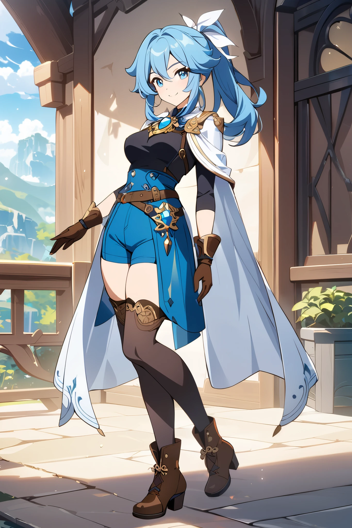 1girl, smile, white big ribbon, medium blue hair, long blue ponytail, hair ribbon, white cape, black tank top, blue shorts, brown belt, brown boots, gloves, confident expression, standing pose, full body, anime art style, detailed design, highres, masterpiece, fantasy outfit, modern adventurer, ornate brooch, white and blue color palette, thigh-high socks, masterpiece, genshin art style, best quality, amazing quality, very aesthetic, highres, incredibly absurdres