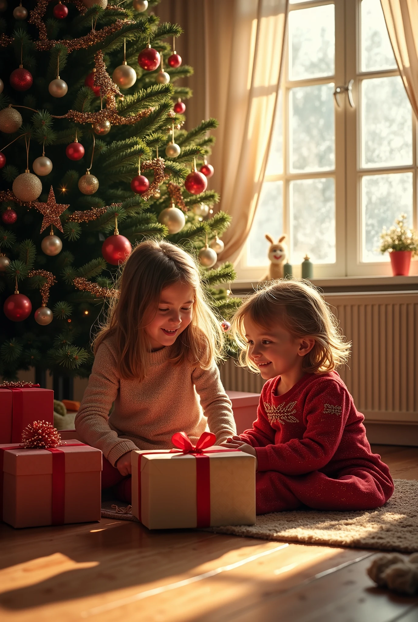 araffes boy and girl sitting on the floor with presents, holiday season, kids, children, warm and joyful atmosphere, giving gifts to people, Gifts, ???, Christmas, children's, presents, iStock, christmas night, stock image, menino, joy, kids playing, very high resolution, heartwarming, 8 thousand. 4 thousand., 8k 4k
