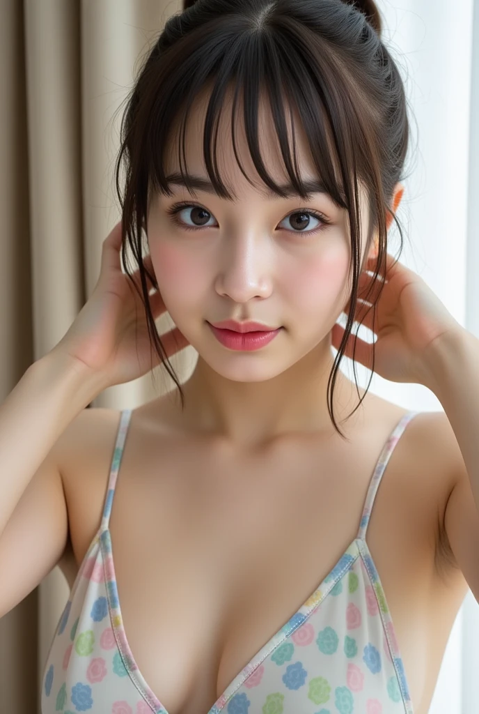 masterpiece, 最high quality,16k,8K,beautiful,get used to it,exquisite,extremely get used to it, finely get used to it, high quality, insanely get used to it, ultra get used to it, ultra high resolution, 超high quality, beautiful face, Japanese, NSFW,While naked, (micro bikini,upper_body,Thick twin tails,cute girl,Place your hands behind your head.,open_mouth:1.6),Cinema Lighting,smile