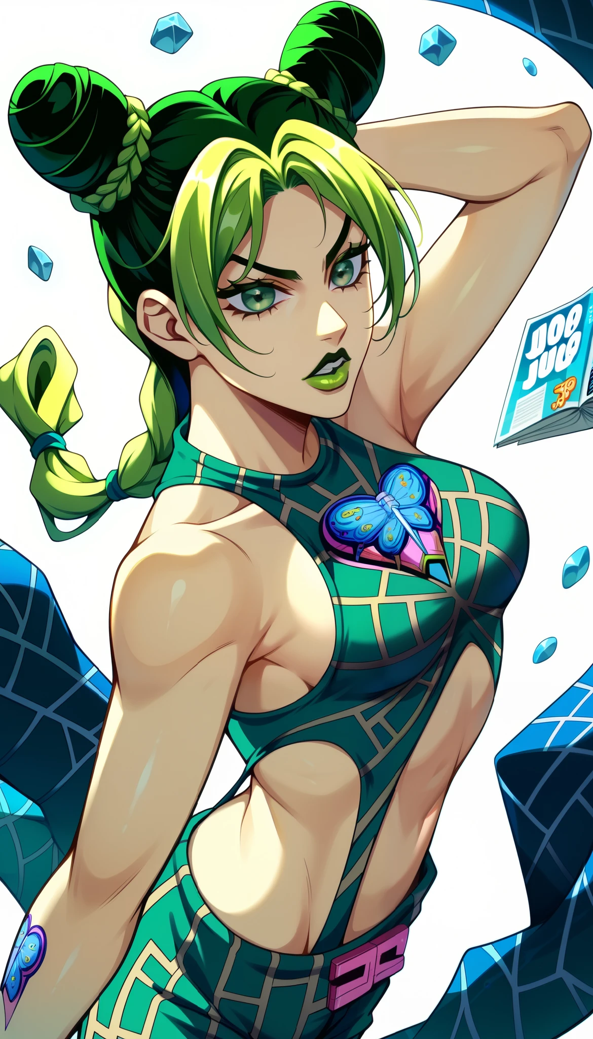 (((Fashion magazine))), Jolyne, (((Jolyne Kujo))), JoJo's Bizarre Adventure, Stone Ocean, ((Stand is Stone Free)), Joestar family girl, (((Unique style))), (((Unique standing pose))), (((JoJo pose))), Feminine sexy body, (((Slender and sexy body))),score_9,score_8_up,score_7_up,score_6_up,score_5_up,score_4_up,