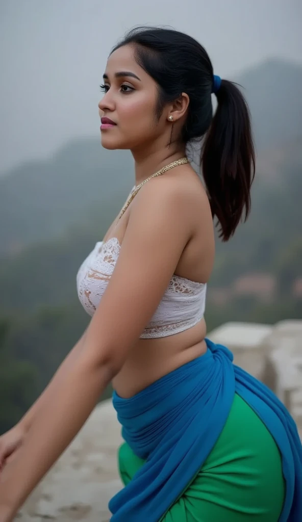 Side view, extreme long shot photo of sexy indian, look at viewer and subtle smile, curvy athletic figure, open arms, sexy armpits, sweating, doing push ups in fog, ponytail, necklace, white see through lace bra, blue and green  saree, glossy lips, (cinematic:1.3), intricate details, (ArtStation:1.2)