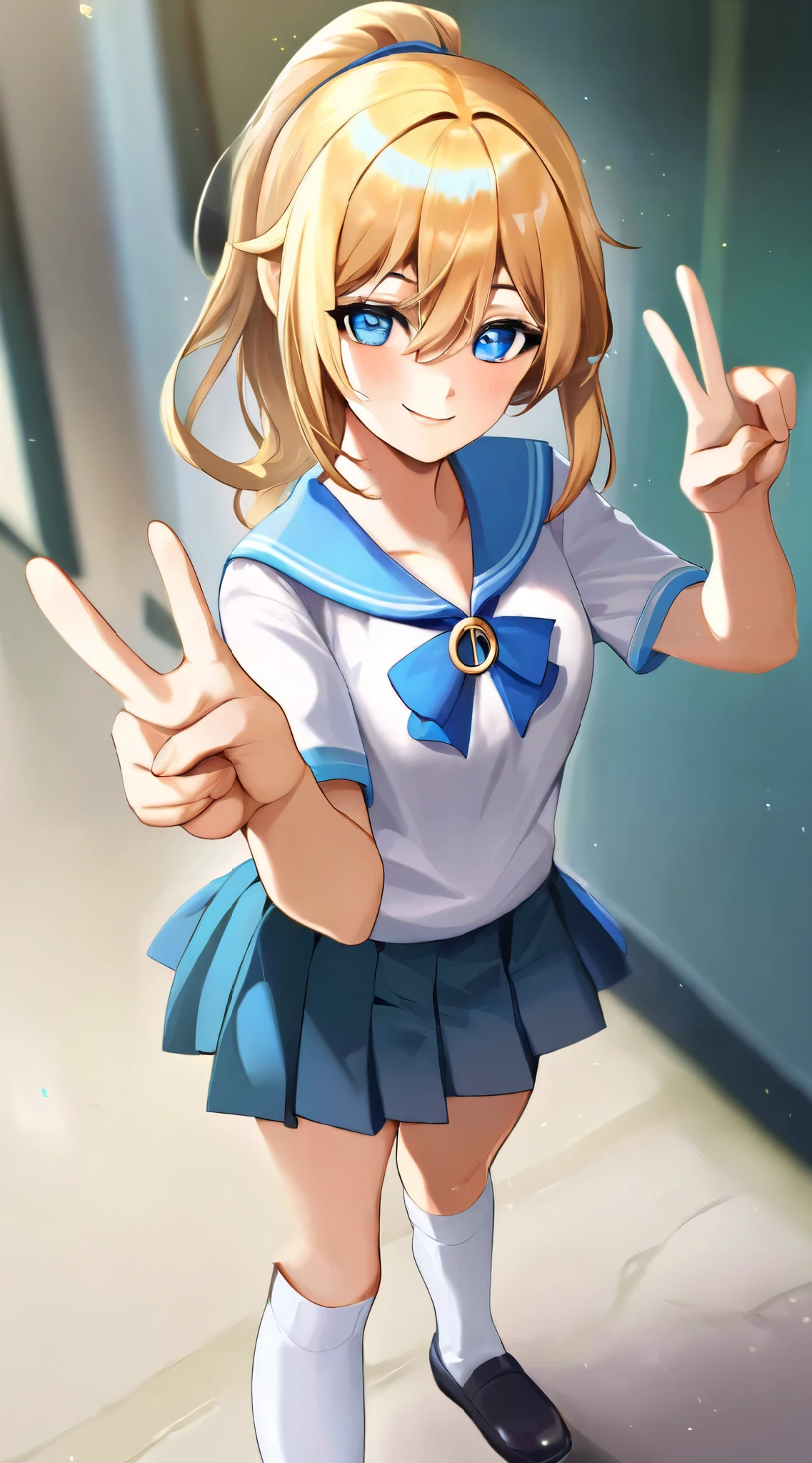  top quality, Midea,   Details,  gal, 赤いribbon,  alternative costumes , gem,  hair between eyes ,  blonde hair ,  Female High School Student Uniform, 23 years old, Blonde, bangs, ribbon,  Light Blue Eyes ,  ponytail,  skirt,  loose socks,  heavy makeup,  standing, Peace sign with both hands towards the camera, Cheerful smile