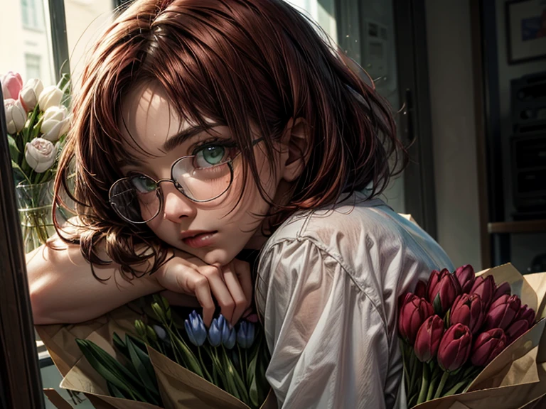 Short,  red hair ,  green eyes ,  metal-framed glasses, shy girl hides her face behind a bouquet of tulips.