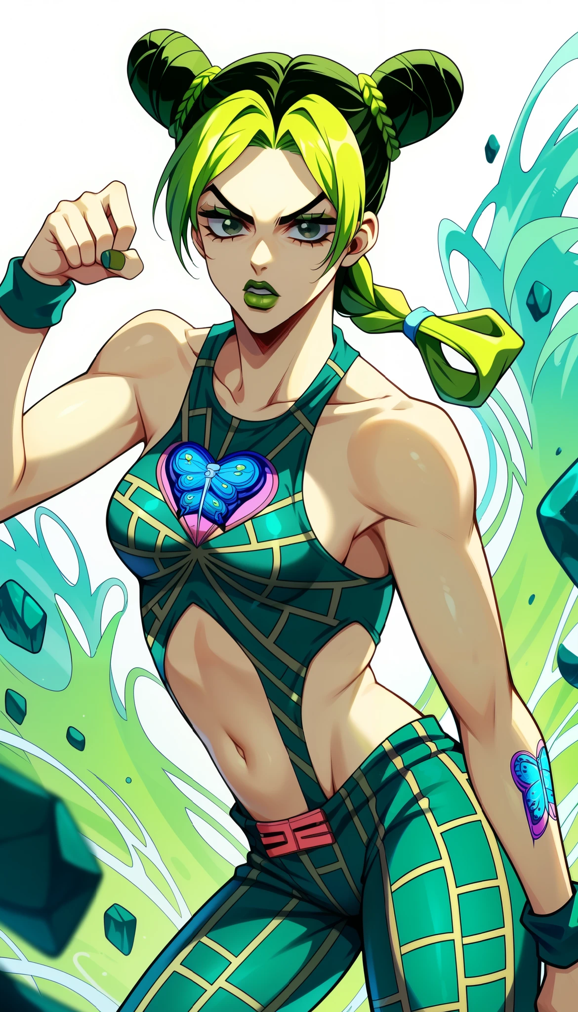 Jolyne, (((Jolyne Kujo))), JoJo's Bizarre Adventure, Stone Ocean, ((Stand is Stone Free)), Girl from the Joestar family, (((Unique style))), (((Unique standing pose))), (((JoJo pose))), Feminine sexy body, (((Slender and sexy body))),score_9,score_8_up,score_7_up,score_6_up,score_5_up,score_4_up,