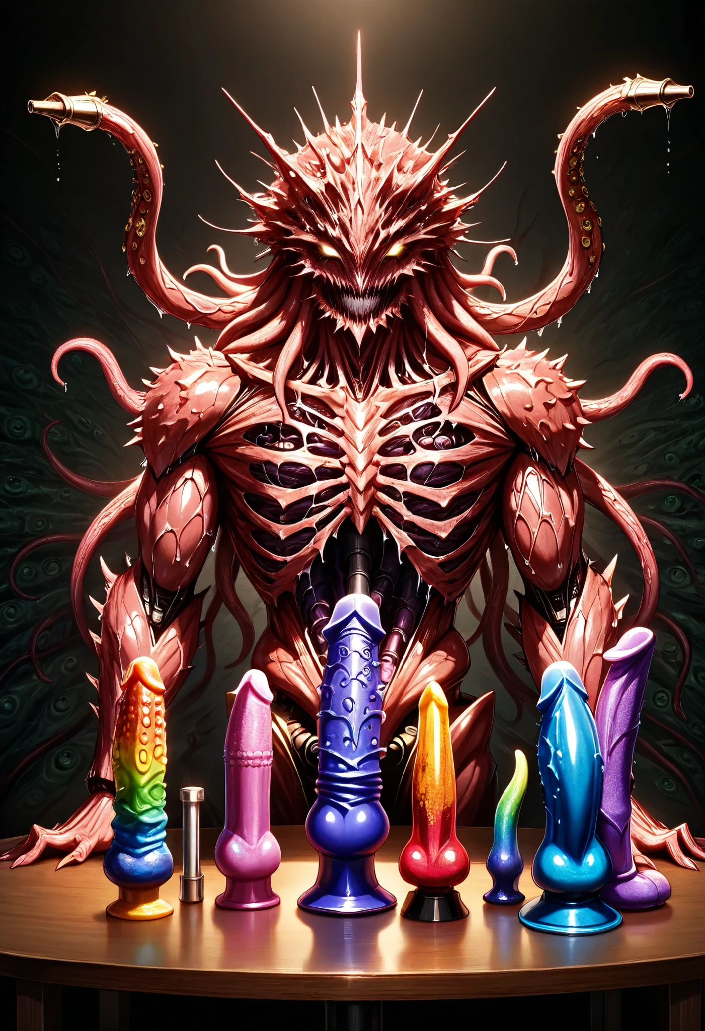 Realistic Mechanical gigantic colorful rainbow graduation dildos, intricate detailed skin, on table, lot of gigantic dildo made by intricate mechanical parts, intricate detailed pipe background, lot of tentacles with wet mucus,