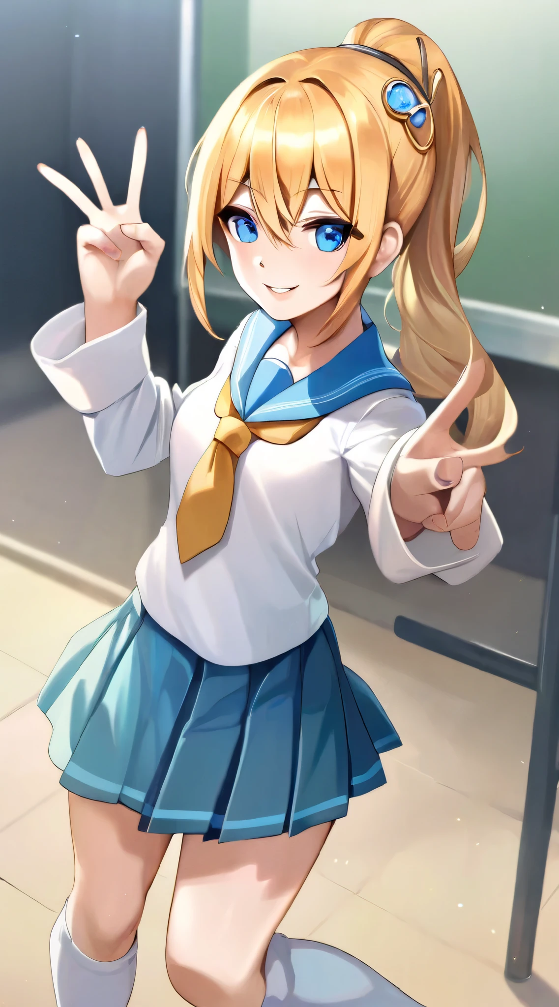  top quality, Midea,   Details,  gal, 赤いribbon,  alternative costumes , gem,  hair between eyes ,  blonde hair ,  Female High School Student Uniform, 23 years old, Blonde, bangs, ribbon,  Light Blue Eyes ,  ponytail,  skirt,  loose socks,  heavy makeup,  standing, Peace sign with both hands towards the camera, Cheerful smile