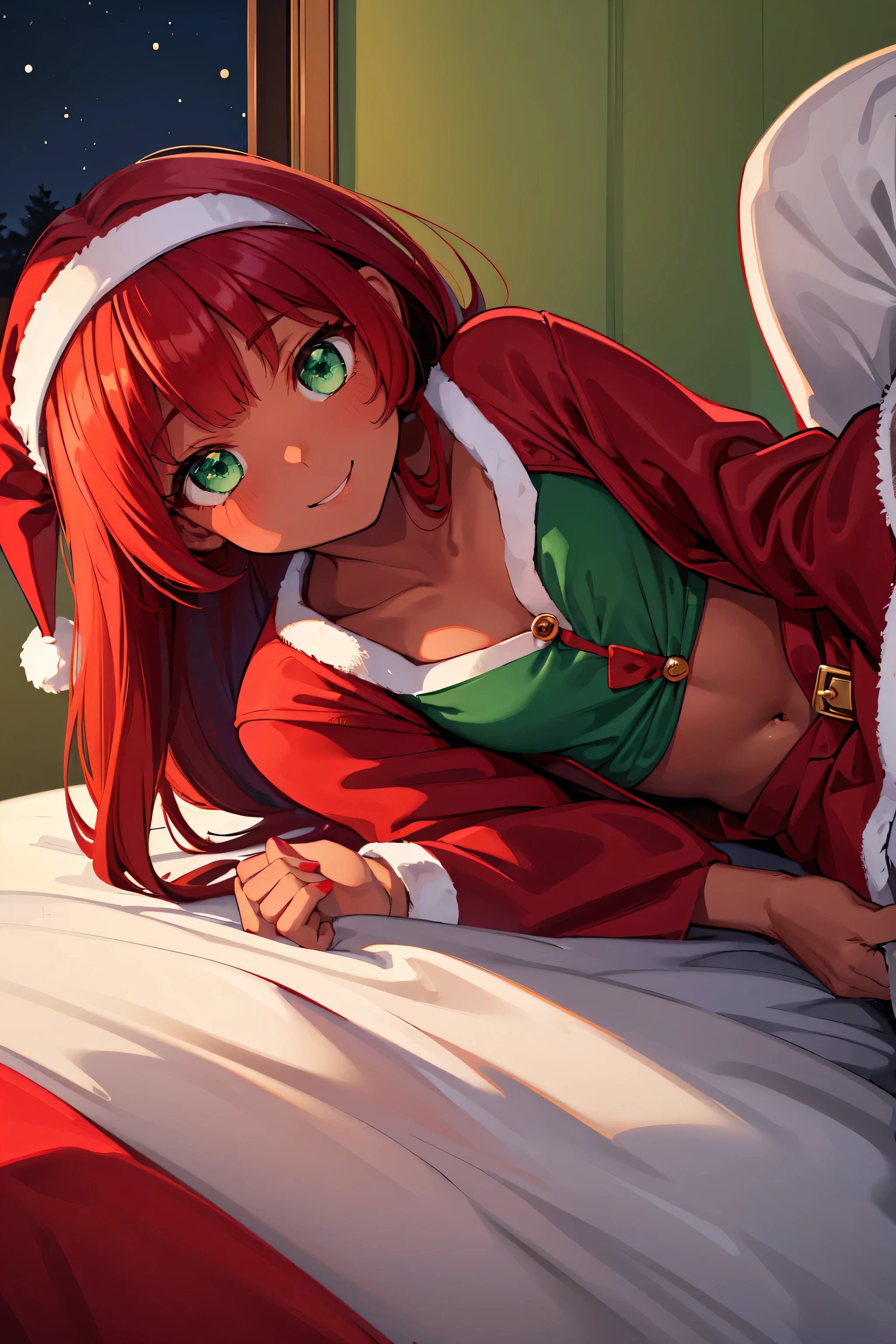 night time, in bedroom, ((weared red color santa clothes, weared red color mini skirt)), dark skin girl, red hair, long hair, bangs, ((green color eyes)), smiling face, flat chest