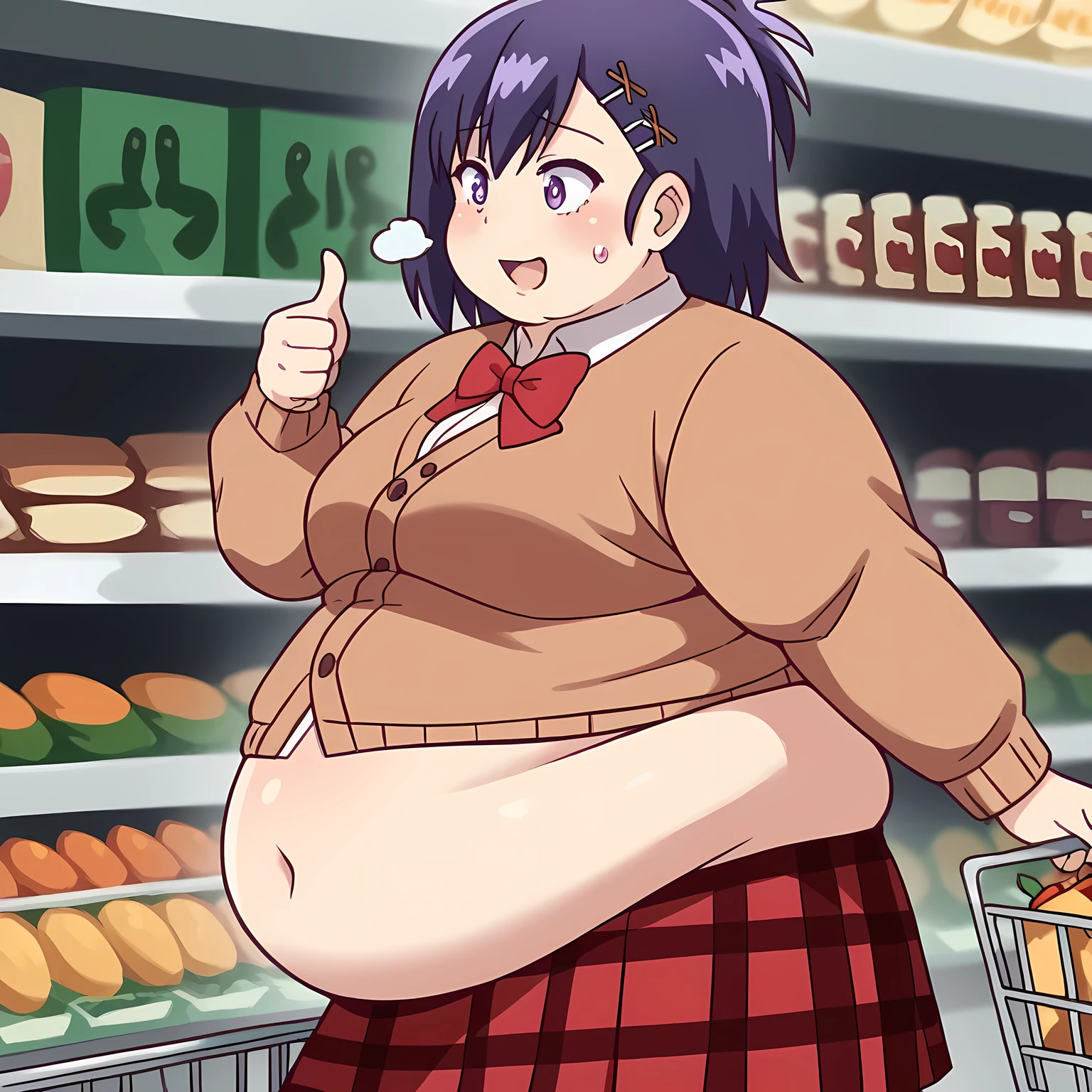score_9, score_8_up, score_7_up, source_anime, KitagawaMarin, 1girl, ((obesse)), ((morbid obesity)), ((belly stuffed)), ((surprised)), ((very drunk)), ((staggers)), ((agitated)), ((provocative)), upper teeth only, multicolored hair, long hair, magenta eyes, ear piercing, earrings, pink nails, makeup, MarinSchool, bead bracelet, black choker, neck bell, ring, collared shirt, ((white shirt unbuttoned at the bottom)), short sleeves, blue necktie, plaid skirt, ((blue skirt)), tied shirt, ((standing), looking at viewer, ((has a stomach ache)), ((shows her naked breasts)), ((skirt lowered)), a person looks at her