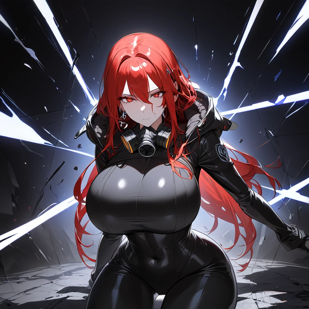 (masterpiece:1.4), (best quality:1.4), (super detailed:1.2), score_9, score_8_up, anime girl with gas mask, black spy suit, exposed navel, wide hips, (large breasts:1.2), long Red hair to shoulders, heavy makeup, glowing red eyes, cross earrings, crouching pose, sinister gaze, (pitch black background:1.4), (complete darkness:1.3), dramatic lighting focus on character, chance encounter