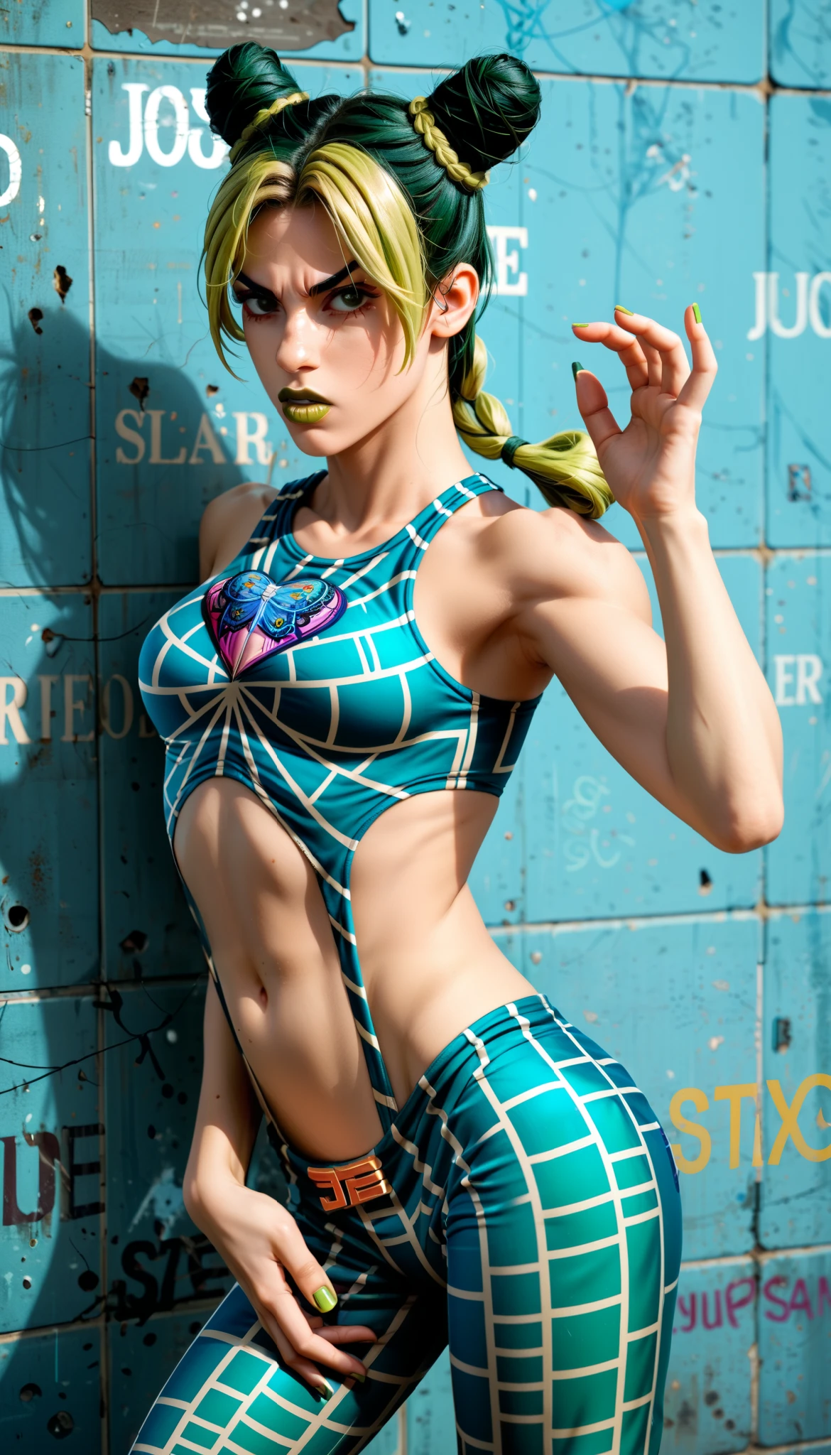 Jolyne, (((Jolyne Kujo))), JoJo's Bizarre Adventure, Stone Ocean, ((Stand is Stone Free)), Girl from the Joestar family, (((Unique style))), (((Unique standing pose))), (((JoJo pose))), Feminine sexy body, (((Slender and sexy body))),score_9,score_8_up,score_7_up,score_6_up,score_5_up,score_4_up,