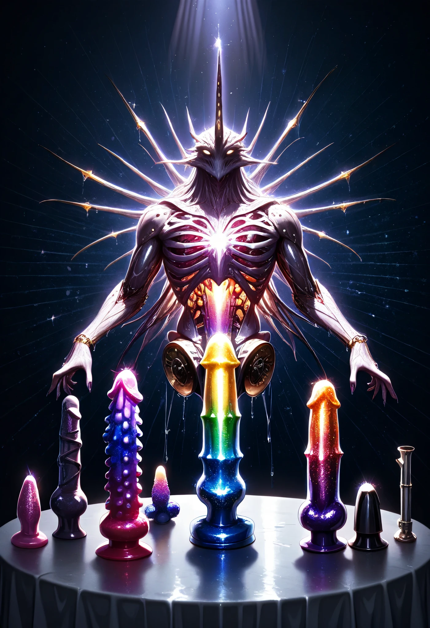 Realistic Mechanical gigantic colorful rainbow graduation dildos, intricate detailed skin, on table, lot of gigantic dildo made by intricate mechanical parts, intricate detailed pipe background, lot of tentacles with wet mucus, glowing, glitter, shining, lighting,