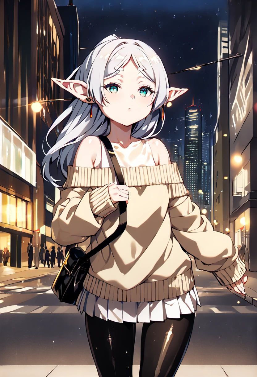 (Frieren:1.2), (pointy ears:1.4), (gleaming skin, shiny skin:1.4),  (off-shoulder sweater, long sleeves, sleeves past wrists, cream color:1.4),(pleated mini skirt:1.4), (black pantyhose:1.4), (black enamel thigh boots:1.4), (shoulder bag:1.0), (downtown:1.4), (midnight:1.4), 