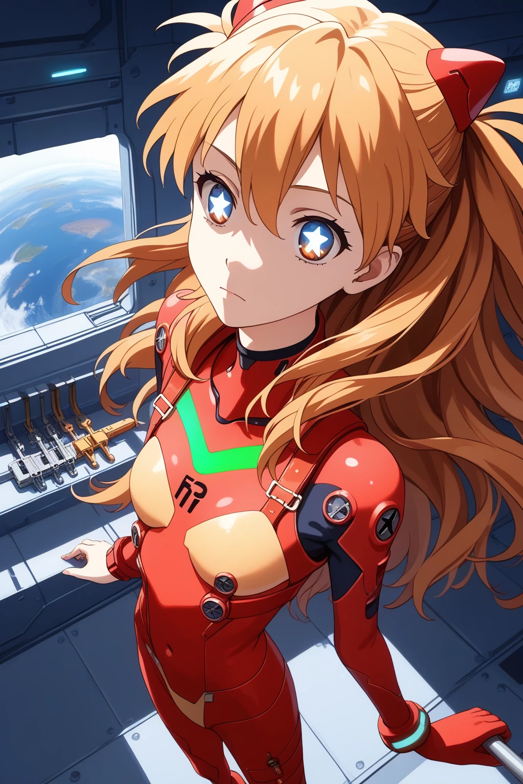 (Overhead view),dynamic angle,ultra-detailed, illustration, close-up, straight on, 1girl, 
 ((souryuu asuka langley, interface headset, red bodysuit:1.4, blonde)),Her eyes shone like dreamy stars,(glowing eyes:1.233),(beautiful and detailed eyes:1.1),(expressionless,closed mouth),(standing), 
(mechanic room with toolsand spaceship windowin a white SPACESHIP),
(night:1.2),dreamy, [[delicate fingers and hands:0.55]::0.85],(detail fingers),