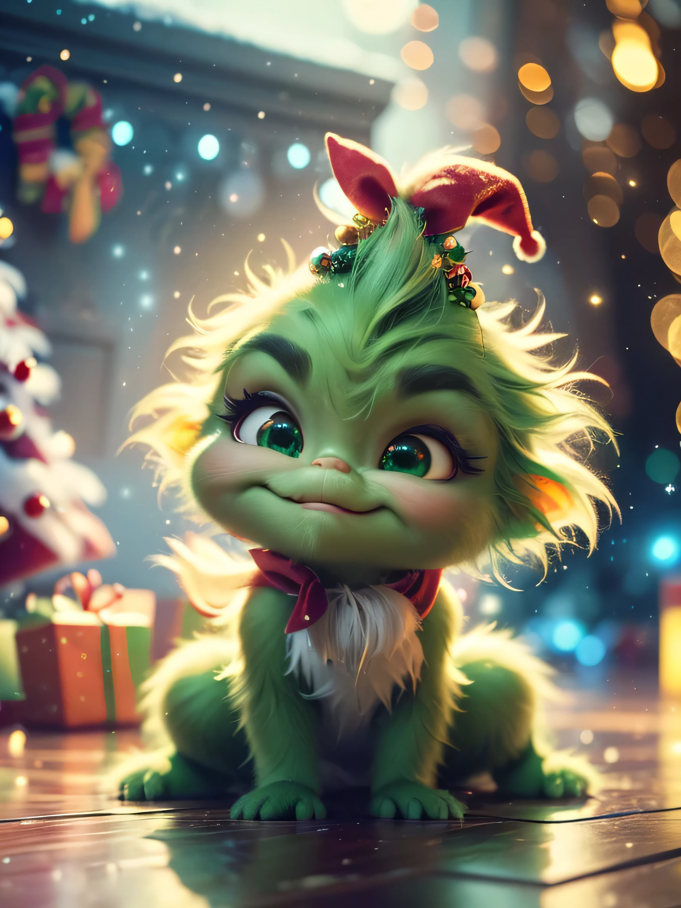 (Best Quality, Super Detail, Masterpiece, Representative Work, Official Art, Professional, Super High Detail, 8k:1.3), (Full Body) Very cute baby Grinch crawling around with other baby Grinches, they all have Santa outfits on, one has a sign saying Where is Santa. Hyperrealistic, splash art, concept art, mid shot, intricately detailed, color depth, vivid colors, dramatic, 2/3 face angle, side light, colorful background. Xmas lights in background and Xmas tree. Christmas theme, blurred background, fantasy, Gouves style artwork, realism: 1.37, (super fine fantasy art), masterpiece, high quality design and accurate physics (super accurate fantasy style)) art, dark fantasy style)), super accurate design and accurate physics), color, depth of field, shadows, ray tracing, (accurate simulation of the interaction of light and materials)], intricate Christmas decorations, glowing garlands, sparkling decoration, natural light, soft background, photorealistic, sparkling eyes, sharp focus, glowing skin, cute and mischievous look, hint of mischief, dreamy atmosphere, Super glossy effect, delicate details, soft ambient light, (Backlight:1.3), (Cinematic:1.2), intricate details, (ArtStation:1.3)