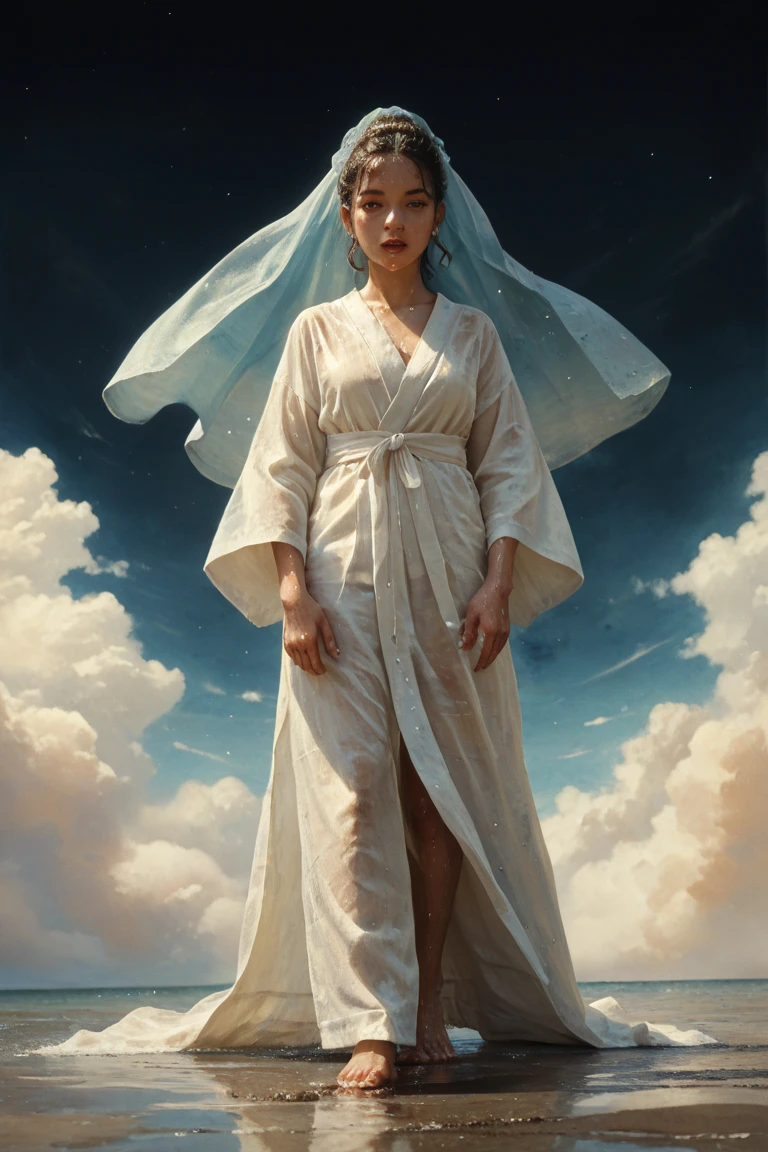 Generate a highly detailed and textured painting of the Ebony Woman, full-length on a cloud with open arms, dressed in a white robe and light blue veil, radiating from her a soft, warm golden light, inspired by traditional painting techniques. watercolor "Request A". The image should feature delicate color transitions, using the "wet on wet" technique to create soft, ethereal shades in the background. She uses soft edges and organic shapes that flow naturally around her figure and highlights the fine details of her face using the "wet on dry" method, High Resolution, Best Quality, 