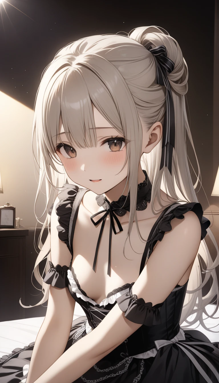 (((8Kmasterpiece,highest quality)), ultra high resolution,(masterpiece:1.4),hyper detail
BREAK (1 girl),(perfect anatomy:1.5),(big eyes:1.2),beautiful face,(green eyes),(sleepy eyes:1.5),sleep,beautiful and delicate eyes,(thick eyeliner:1.3),(thin and long eyelashes:1.3),artistic makeup
BREAK (black hair),(bangs patsun),(long twintails) BREAK (evil grin:1.2),(shy) BREAK (slender body:1.4),(little breasts:1.2) BREAK (luxury bunny girl costume:1.3),(rabbit ears headgear),(ornament of rose),(gold necklace) BREAK BREAK (hotel room:1.3),(elegant space:1.2) BREAK (particle of fantasy lights:1.2),(night:1.2) BREAK depth of written boundary,spectacular panoramic view,(lens flare),(vignette light:1.2),extreme close up,upper body