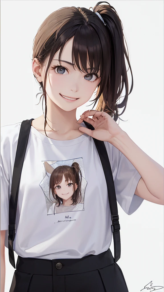 16K,1girl,12 years old,very cute,black hair,twintail,thin twintail,black eyes,r-shirt,Short sleeve,Red Skirt, red satchel with back straps,flat chest,white background,blush,light smile