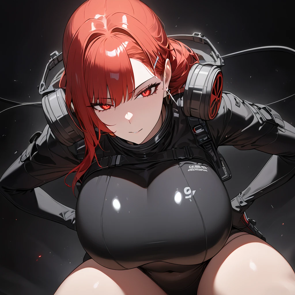 (masterpiece:1.4), (best quality:1.4), (super detailed:1.2), score_9, score_8_up, anime girl with gas mask, black spy suit, exposed navel, wide hips, (large breasts:1.2), long Red hair to shoulders, heavy makeup, glowing red eyes, cross earrings, crouching pose, sinister gaze, (pitch black background:1.4), (complete darkness:1.3), dramatic lighting focus on character, chance encounter, whole body