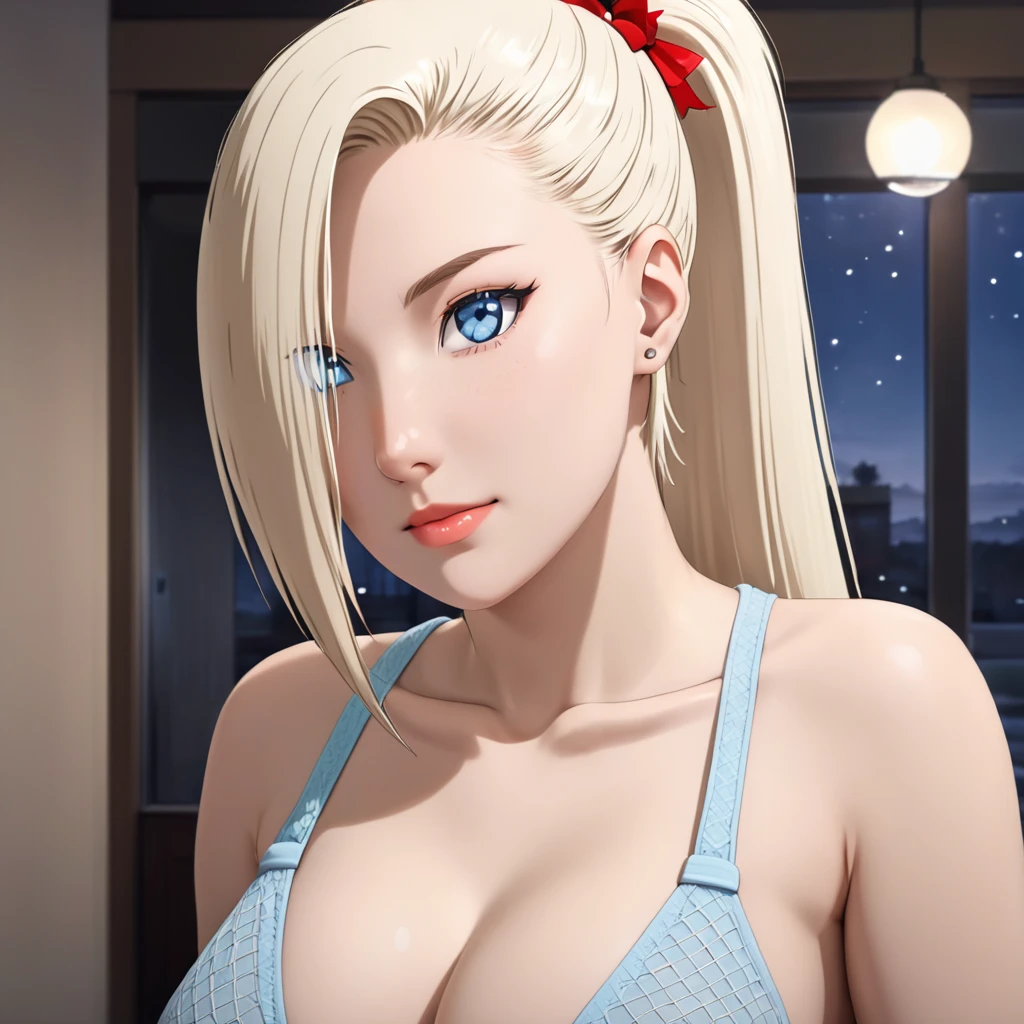 Masterpiece, High Resolution, Anatomically Correct, Best Quality, Super Detailed, Textured Skin, 1girl, Solo, Breasts, Long Hair, Pale Blonde Hair, Ponytail, Blush, Light-Blue Eyes, Tall, Slender, Curvaceous Figures, Lineup, Hair Over One Eye, Unreal Engine, Christmas, Christmas Bikini