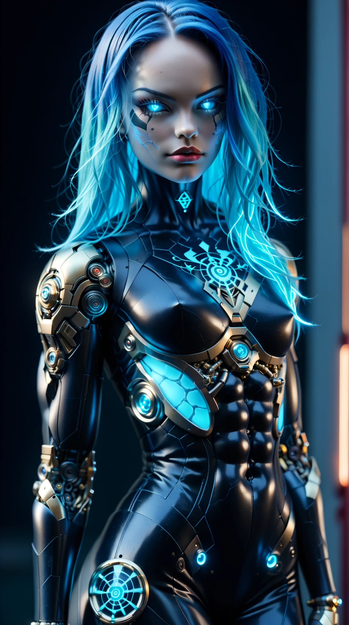 score_9, score_8_up, score_7_up, (Three quarters Shot), (1 girl), (asian), beautiful age (skinny) muscular goth cyborg girl, (full Cybernetic bodysuit:1.5), (black sclera:1.5), (blue glowing eyes:1.5), (blue glowing body veins:1.5), (flat chest:1.25), (blue glowing hair:1.25), (beautiful face:1.25), (bodybuilder muscular physique:1.25), (skinny long legs:0.75), (intricate gold filigree:1.25), bimbo lips, cowboy shot, cybernetic, mechanoid body parts, exposed cables and circuits, neon lights, gothic neon style, cyber punk style, super realistic image, beautiful digital paint , hyper Realistic illustrations, DonMT3chC057ruc7s, CyberRealistic_Negative_PONY-neg,CyberRealistic_Negative_PONY