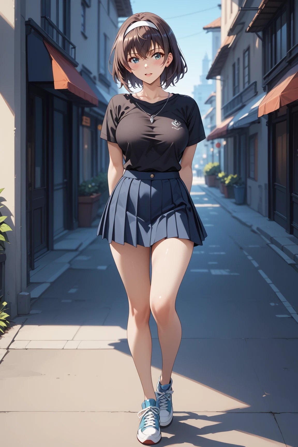 Masterpiece,8k,extremely detailed,solo,1 girl, ,teen ,slim body,kasumigaoka utaha,stand up,fullbody,large breasts,beauty legs,loking at viewers,arms behind back,skirt ,black tshirt slimfit,front look