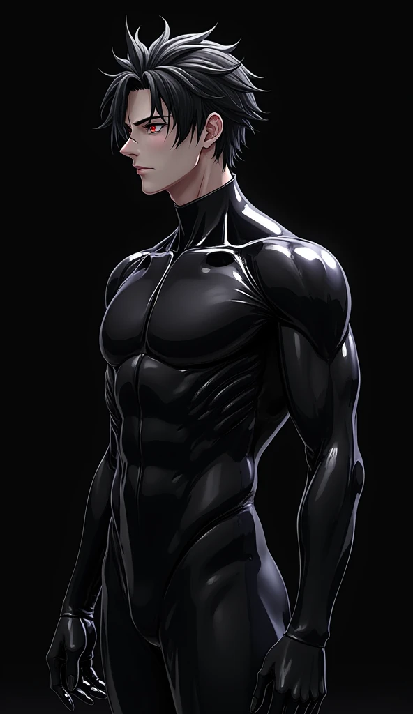 masculine man, tall, muscular, long-sleeved sports shirt made of black lycra, short black hair combed back and red eyes, black belt and black gloves, slim, 24 years old