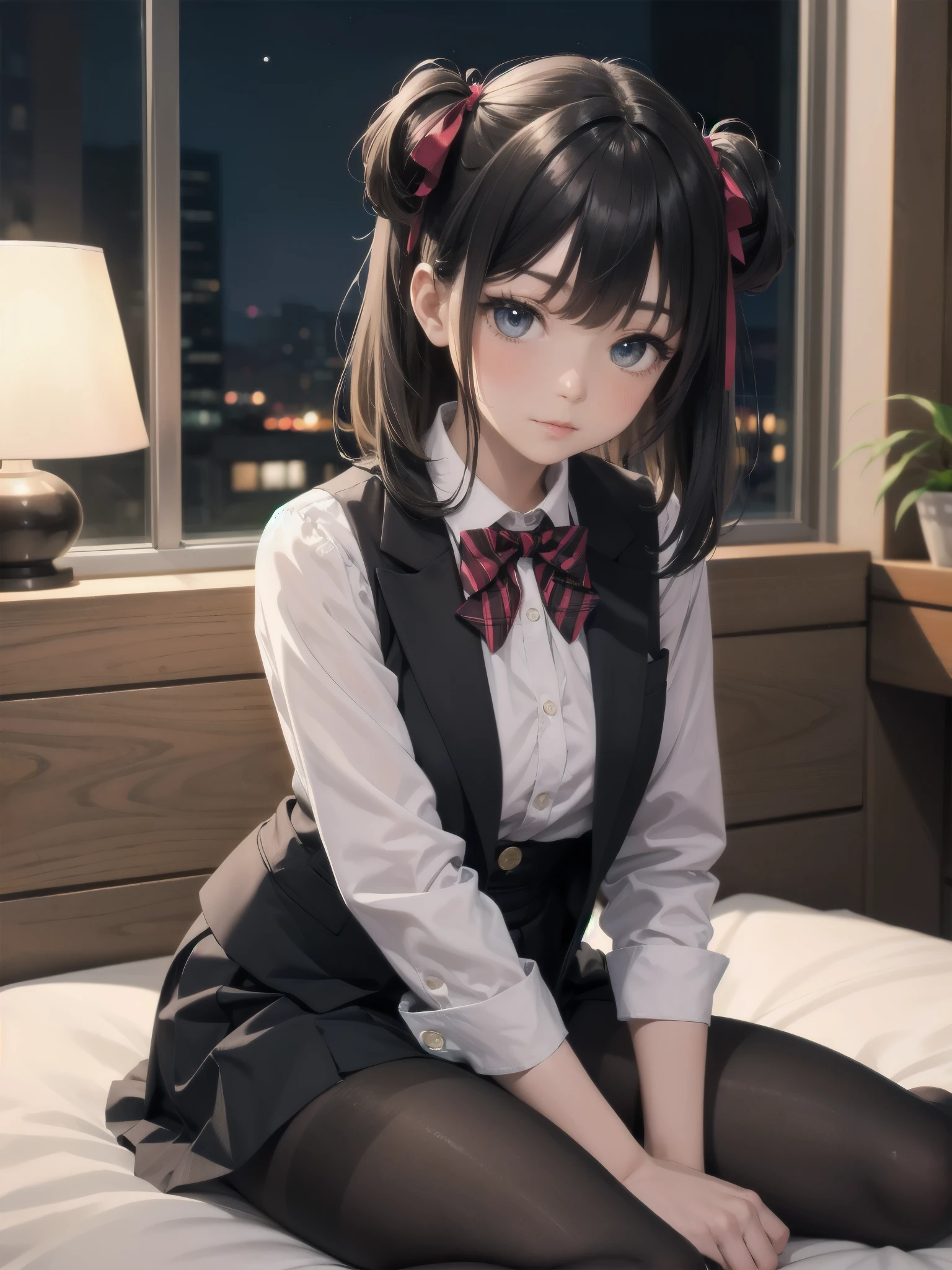 (masterpiece), best quality, expressive eyes, perfect face, top quality, high res, super detailed, one girl, solo, medium hair, braided, colorful hair, one side up, parted bangs, side locks, hair ribbon,jacket,black jacket,open jacket,red bow tie,vest,brown vest,shirt,white shirt,short sleeves,shorter than long sleeves,skirt,black skirt,pantyhose,brown black pantyhose,argyle legwear,indoor,sitting,bed,blush,(embarrass:1.2),(night:1.4)