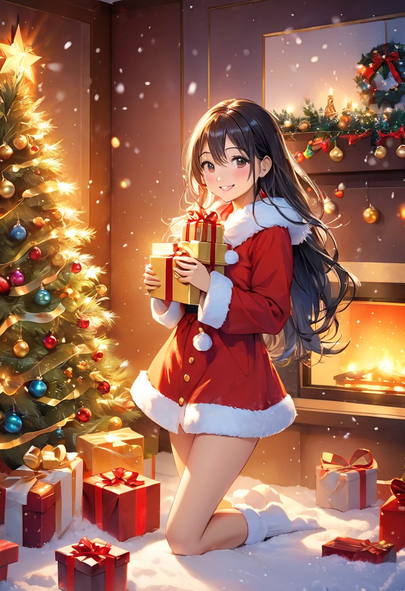 Christmas style, illustration, best quality, festive lighting, glowing effect, aya,1girl, long hair, red santa outfit, white fur trim, gift box in hands, cheerful expression, snow falling, cozy living room, decorated Christmas tree, stockings on fireplace, warm golden lights, vibrant and colorful