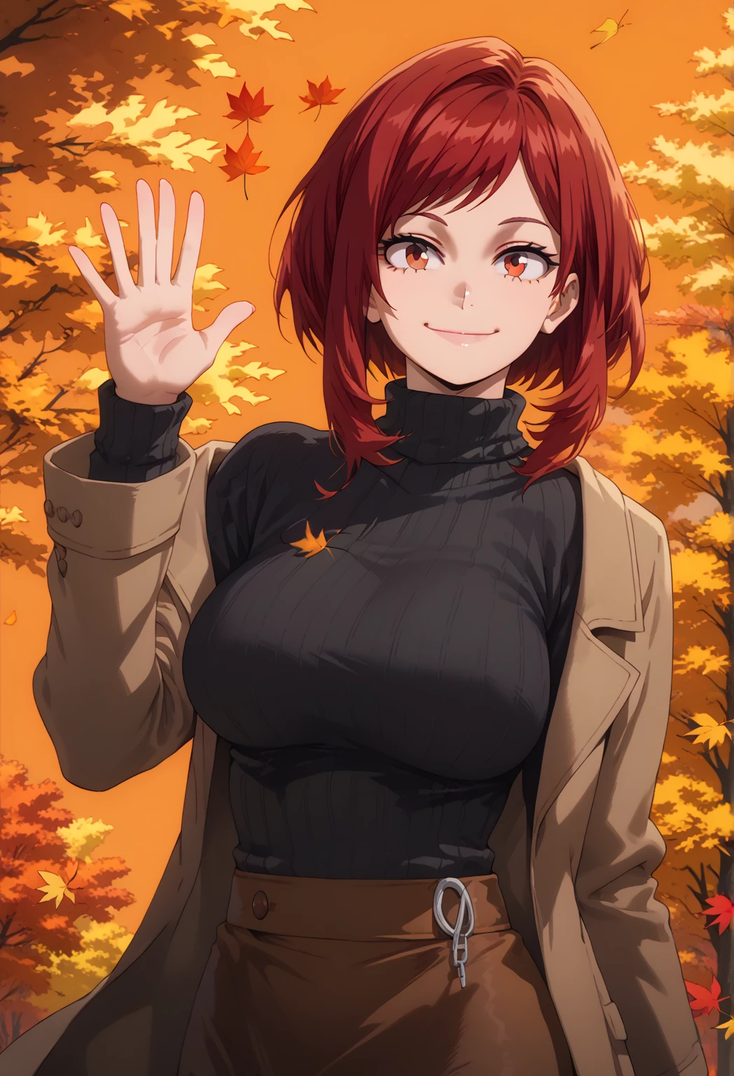 score_9, score_8_up, score_7_up,  1girl, autumn, autumn leaves, black sweater, bob cut, breasts, brown coat, brown skirt, closed mouth, coat, large breasts, leaf, leaf background, long sleeves, looking at viewer, medium hair, off shoulder, orange background, red eyes, red hair, ribbed sweater, skirt, smile, solo, sweater, swept bangs, turtleneck, turtleneck sweater, upper body, waving