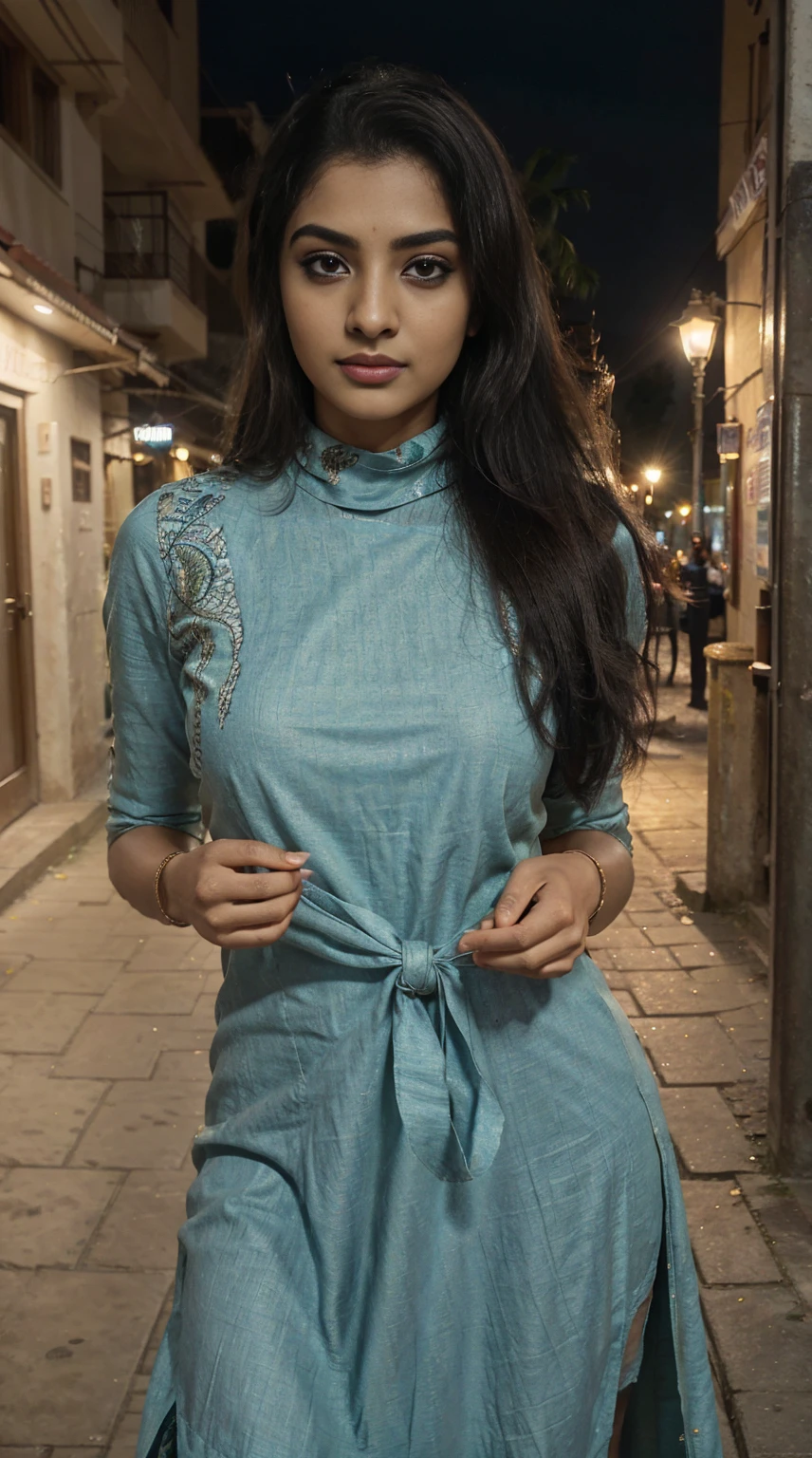 ultra-realistic photographs,Indian Instagram female model,mid 20s,9:16,mid-shot,beautiful detailed eyes,detailed lips,longeyelashes,black bun hair, naturally full eyebrows,perfectly formed nose,expressive face,attractive appearance,confident and elegant posture,graceful movement,vibrant and colorful turtle-neck kurta dress, vibrant patterns, street background, serene atmosphere,stunning architecture,soft and natural lighting,vivid colors,photorealistic,HDR,highres,studio lighting,ultra-detailed,bokeh,fully covered clothes