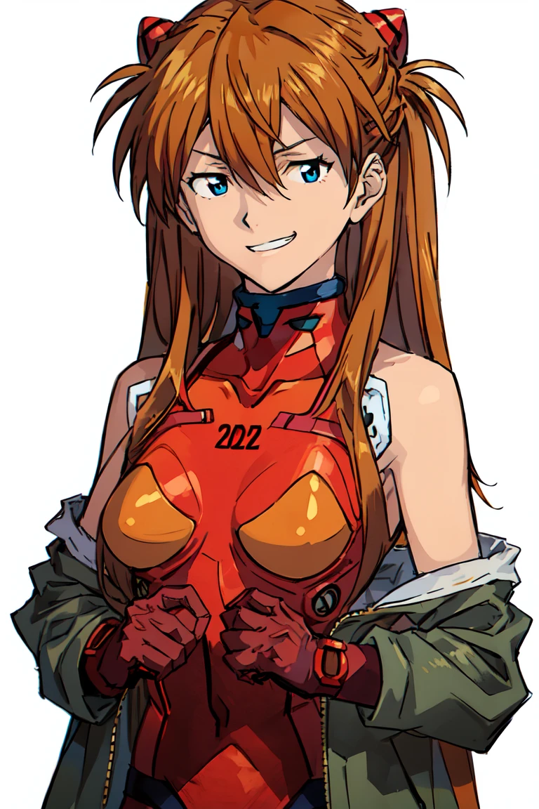 line drawing, simple White background, souryuu asuka langley, 1girl, solo, long_hair, bangs, blue_eyes, orange_brown_hair, hair_between_eyes, small_breasts, looking at viewer, off shoulder, moss green color parka,  (In the middle of undressing:1.5), jitome, grin，Eye patch，