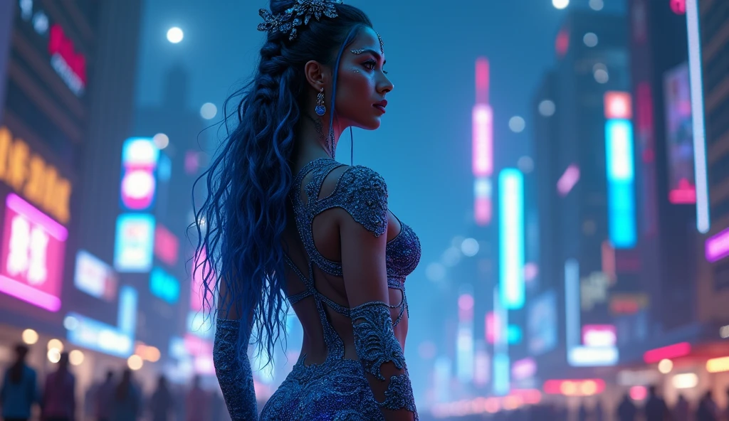 In the enchanting embrace of a futuristic cyberpunk city, where mist and rain intermingle under the glow of neon lights, a vision of elegance unfolds. Amidst this atmospheric marvel stands an exquisite woman whose presence defies the boundaries between reality and allure.
Her hair, a cascade of lustrous waves resembling liquid stardust, appears to capture the very essence of the rain that graces her surroundings. With a gaze as intricate as the cosmos itself, her eyes beckon with a magnetic pull, promising a journey through galaxies of emotion and intrigue.
Adorned in a tantalizing ensemble, she wears a t-shirt and tiny shorts that effortlessly blend sensuality with a sense of empowerment. The fabric, kissed by the rain, clings softly to her form, tracing the lines of her body with an artist's touch. A tantalizing thigh gap, celebrated not for objectification but for its embodiment of self-assured confidence, adds a nuanced layer to her portrayal.
Beneath the ephemeral veil of mist and rain, the cityscape emerges like an abstract dreamscape, a realm where technology and nature engage in a dance of contrasts. The interplay of light and shadow takes on new meaning, as backlighting and bloom conspire to create an ethereal aura around her. The subtle sparkle of light refracted by raindrops, akin to stardust, adds a touch of enchantment to the scene.
The meticulous use of chromatic aberration creates an almost surreal vibrancy, a brushstroke that blurs the lines between the tangible and the fantastical. And yet, within this vivid tapestry, her sharp focus remains unwavering, a testament to the strength and resilience she embodies.
This is no mere photograph; it is a masterful creation rendered in the highest quality. A photorealistic marvel captured in mesmerizing 8K HDR, it weaves together every minute detail—the soft mist, the gleam of rain-kissed skin, the vibrant cityscape—into a symphony of sensory delight.