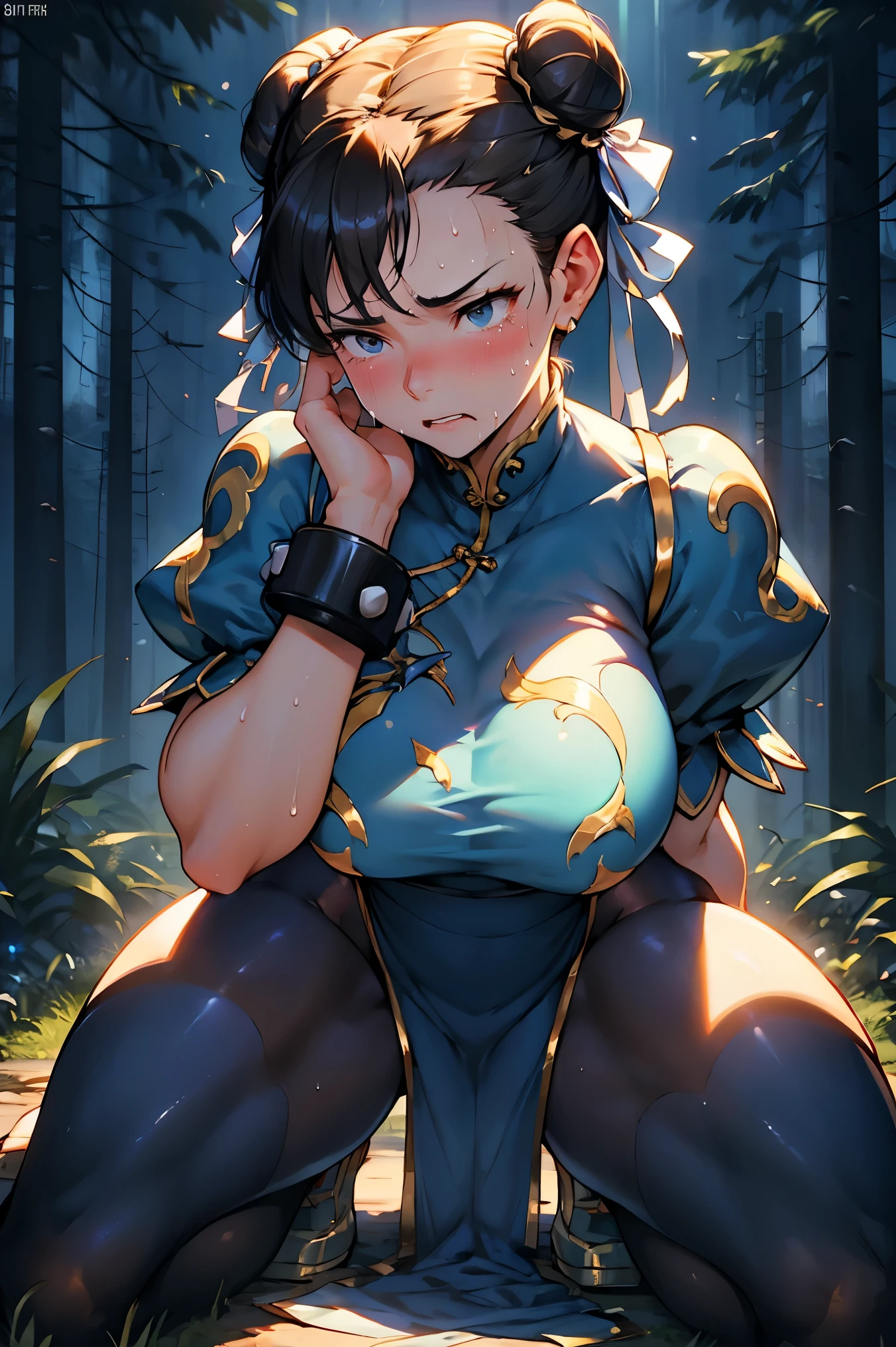 Chunli,Beautiful young woman in classic blue uniform,, beautiful and sexy thighs,A little muscular, Tied Hair, black tights, forest,Night starry sky, independent.alone,Kneel on the ground and apologize, Hands on the ground、 On the faceは傷だらけ、Skin shiny with sweat、、 In tears、My eyes get wet and pop out, Real tears running down my face, Very fine eye,,Expression of despair,Lighting that highlights shiny sweat{{{Spread the word }}},was furious, bandaid On the face,Shabby clothing、 On the face