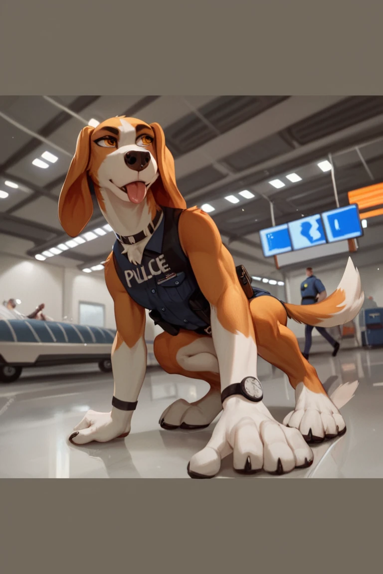 Score_9, Score_8_up, Score_7_up, Score_6_up, Score_5_up, Score_4_up,  a adult, saddleback tan and white  hound, anthropomorphic furry, wearing a black  police vest, airport cargo room, walking on all fours, crouching, white snout, humanized  body, human eyes, human arms, human hands, tongue sticking out l, knees off the floor, long neck fluff 