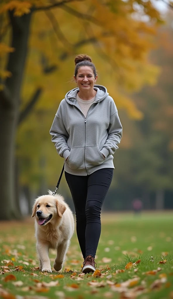 Blond woman, long hair walking, forest, dog, flatcoat retriever, relastic, very good quality, sportive, running, green, tree