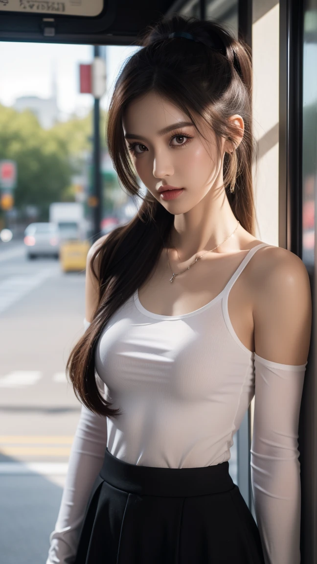 (photorealistic:1.4), ((Long Hairstyle, Medium Breasts: 1.2)), Base quality, masterpiece, ultra high res, raw photo, professional lighting, perfect light, (look at view: 1.2), random pose, 1girl, (wear white tank top), (wear wearingWhereMery Hollow Out See Through Mesh Bodysuit Women Off Shoulder Long Sleeve Skinny T Shirt Gothic Aesthetic Sexy Bodysuits and short skirt), (standing eating ice cream at a bus stop), (Background stands in a hallway), wear necklace small cross, vibrant, high-contrast portrait, fair skin, adorned with tattoos covering arms and neck, including a prominent skull design, sharp facial features, black hair styled in high pigtails, edgy modern vibe, lively atmosphere, modern urban environment, blend of photorealism and romanticism, warm color scheme, professional lighting, detailed lighting, photon mapping, radiosity, physically-based rendering, backlighting, depth of field, natural lighting, hard focus, film grain, professional photoshoot, photographed with a Nikon d750f/1.4 55mm, realistic reflection of light from above, detailed shadow, realistic skin, detailed eyes, realistic eyes best shadow, RAW, instagram LUT.